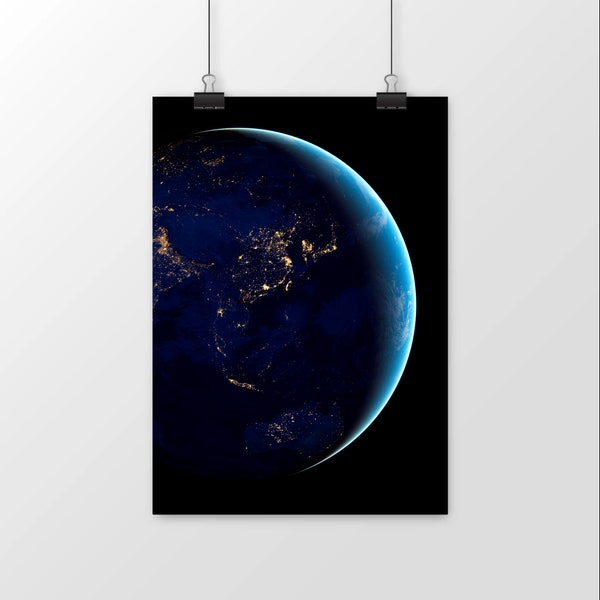 Affiche de la planète terre de nuit, poster premium Satiné non encadré. Photo de la NASA. Formats A4, A3 ou A2, pour salon, bureau, chambre