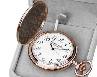 Eichmüller Taschenuhr Kupferfarben Kupfer 45 mm Savonnette Quarz mit Kette und Box 3 Zeiger Sprungdeckel Karabinerverschluss Samtbox