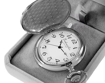 Reloj de bolsillo Eichmüller cromo color cromo 45 mm caja de caza cuarzo con cadena y caja 3 agujas tapa de resorte mosquetón caja de terciopelo