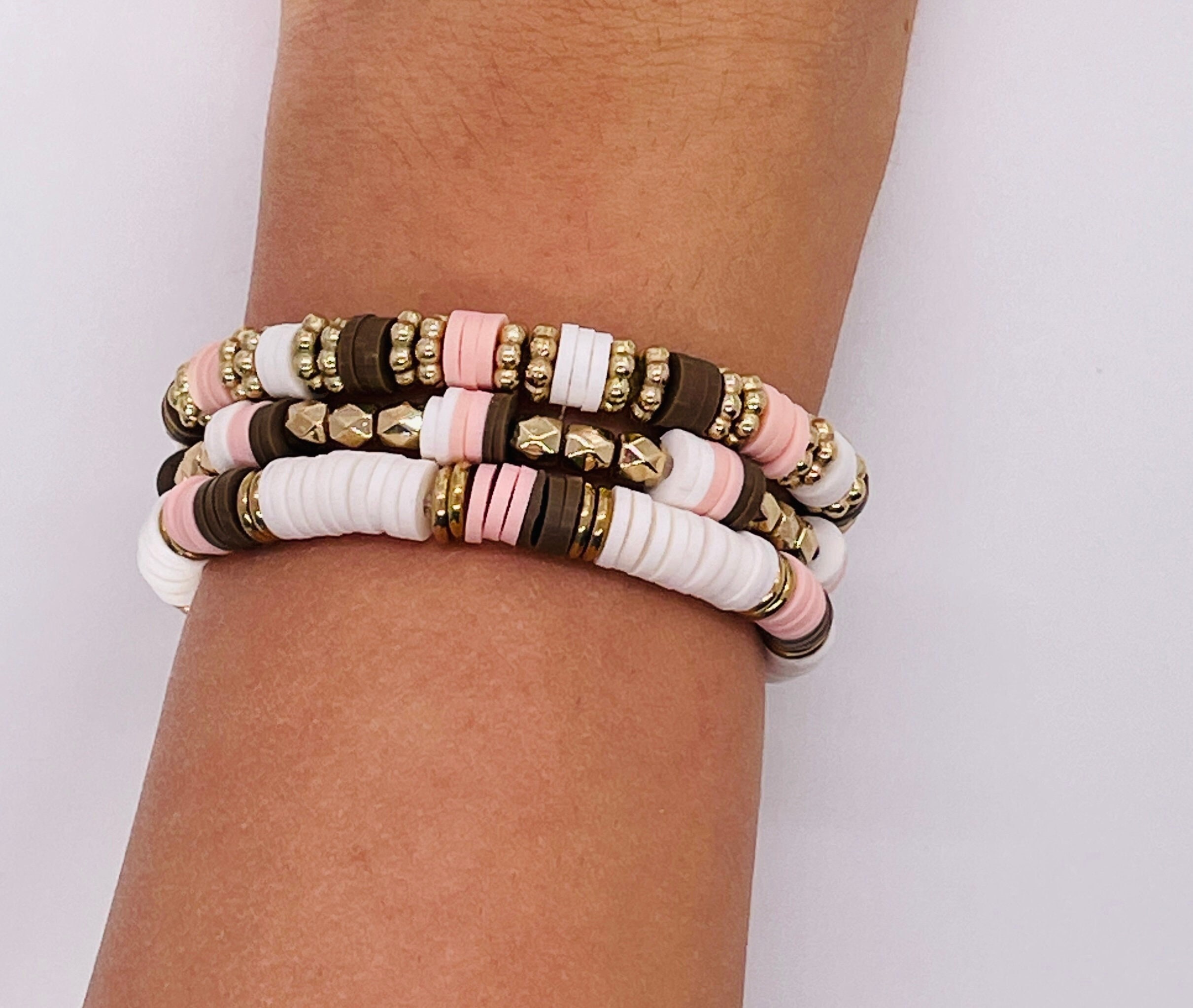 Brown White and Blush Set Heishi Clay Beaded Bracelet - Etsy