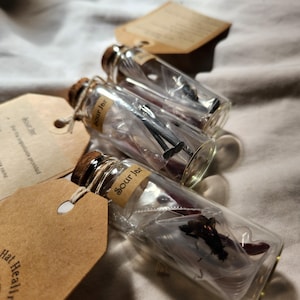 Op de afbeelding: Drie kleine glazen potten met kurken en etiketten met de tekst "Sour Jar". De potten bevatten verschillende voorwerpen, waaronder een klein insect, een rode veer en een verzameling metalen voorwerpen.