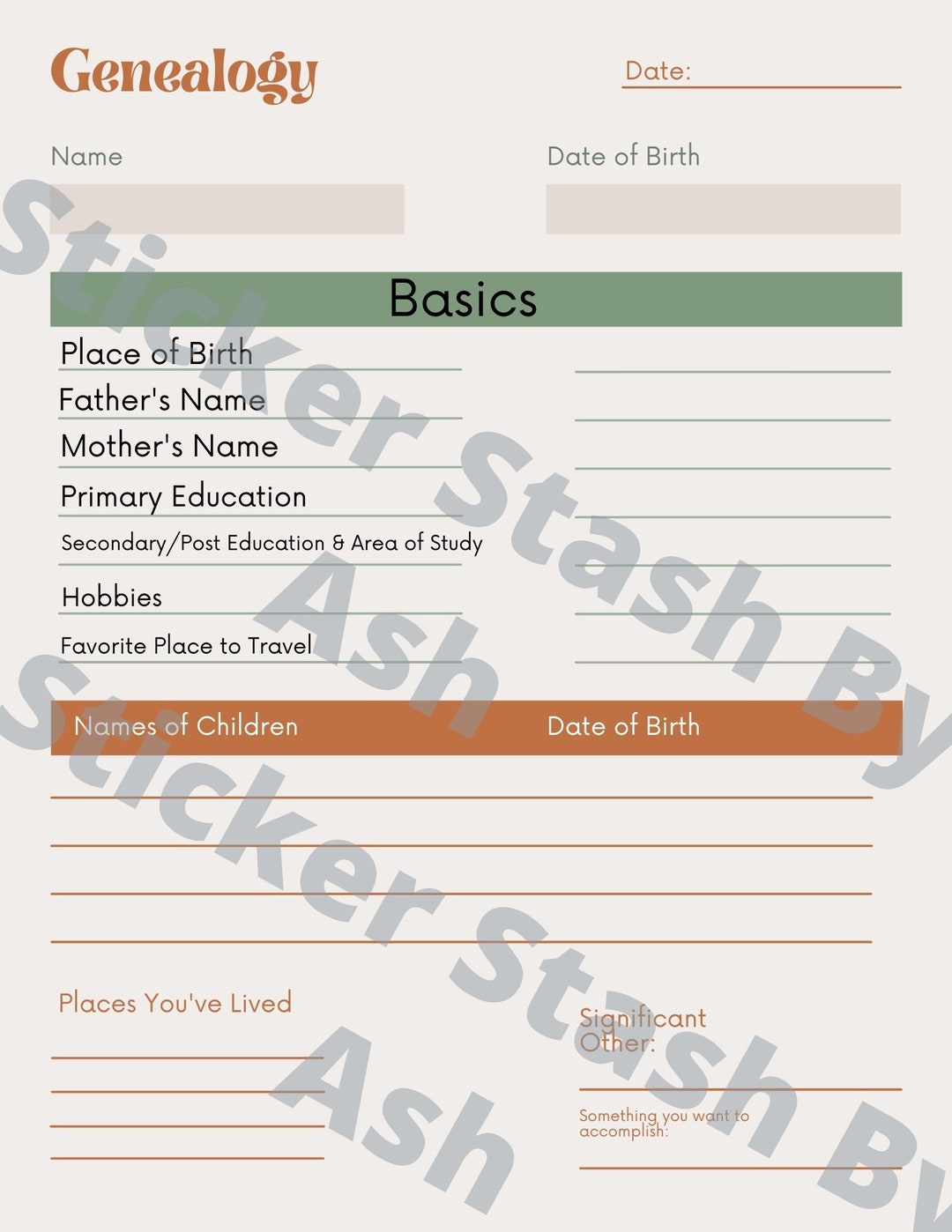 Geneology Worksheet Downloadable and Printable - Etsy