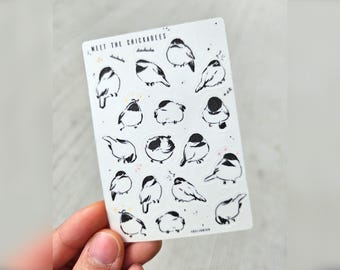 Puede incluir: Una hoja de pegatinas con ilustraciones en blanco y negro de carboneros en varias poses. Las pegatinas dicen "Meet the Chickadees" en la parte superior.