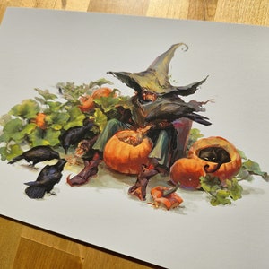 May include: A Halloween-themed illustration featuring a scarecrow figure with a tall hat, surrounded by pumpkins and crows. The artwork has a warm color palette with orange, green, and brown tones, creating a festive and spooky atmosphere.