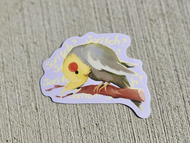 Puede incluir: Una pegatina con un ave cacat&uacute;a posada en una rama, con la palabra "Scratch?" repetida alrededor del ave. El ave tiene plumas amarillas y grises, una mancha roja en la mejilla y mira hacia abajo.