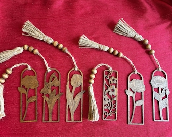 Floral Wood Bookmark Set with Tassel | Laser Cut Botanical Bookmarks | Rustic Reader Gift