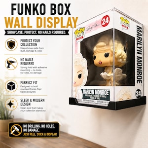 May include: A black wall-mounted display shelf holding a clear protective case containing a Marilyn Monroe Funko Pop vinyl figure. The display features text including FUNKO BOX WALL DISPLAY, SHOWCASE. PROTECT. NO NAILS REQUIRED, and NO DRILLING.