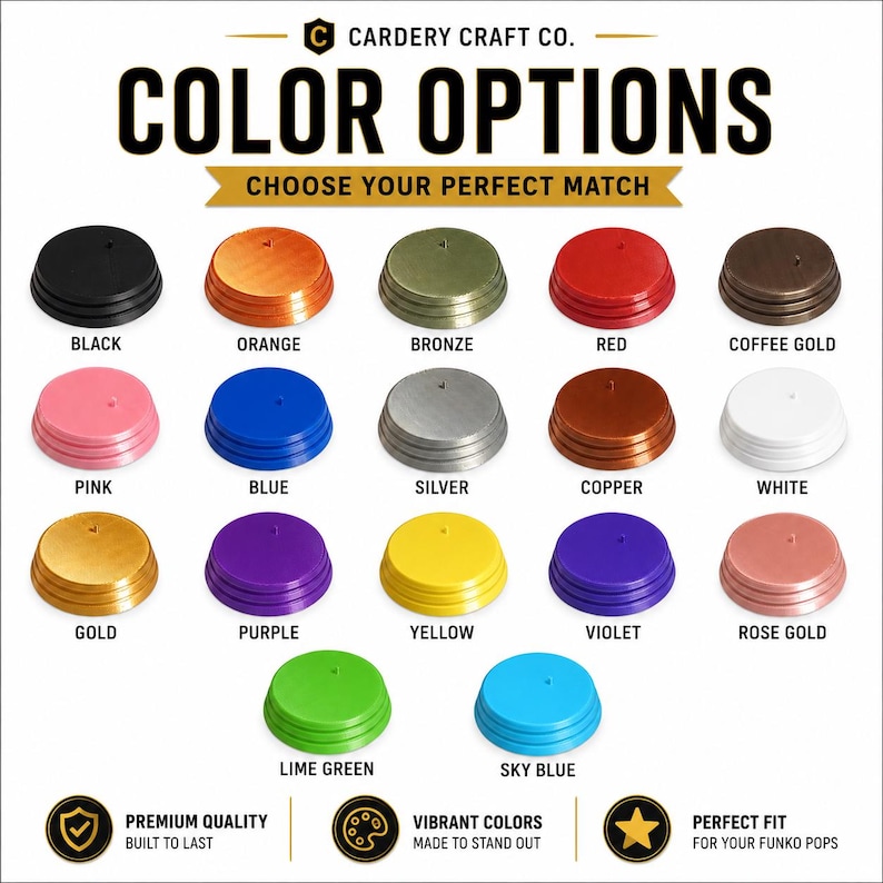 K&ouml;nnte beinhalten: Eine &Uuml;bersichtstafel von Cardery Craft Co. mit siebzehn kreisf&ouml;rmigen, gestuften Pr&auml;sentationsst&auml;ndern in verschiedenen Farben, darunter Schwarz, Orange, Bronze, Rot, Kaffeegold, Pink, Blau, Silber, Kupfer, Wei&szlig;, Gold, Lila, Gelb, Violett, Ros&eacute;gold, Limettengr&uuml;n und Himmelblau.