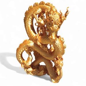 May include: A golden dragon sculpture with intricate details, curled in a protective pose. The dragon's scales and claws are visible, and its head is turned to the side.