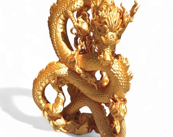 May include: A golden dragon sculpture with intricate details, curled in a protective pose. The dragon's scales and claws are visible, and its head is turned to the side.