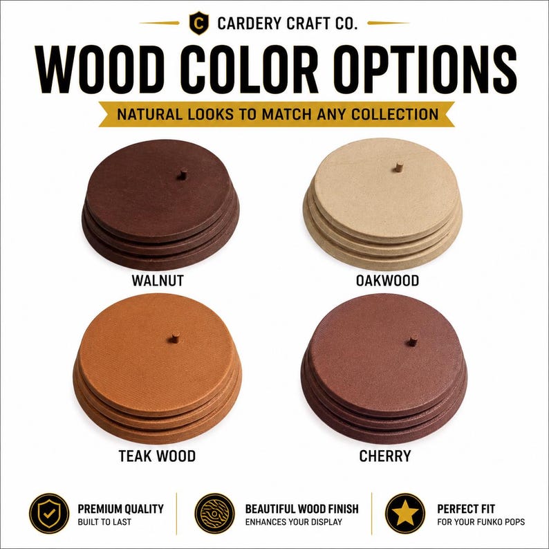 K&ouml;nnte beinhalten: Vier kreisf&ouml;rmige Holzst&auml;nder mit einem kleinen zentralen Stift, beschriftet mit Walnut, Oakwood, Teak Wood und Cherry. Der Text lautet CARDERY CRAFT CO. WOOD COLOR OPTIONS, NATURAL LOOKS TO MATCH ANY COLLECTION, PREMIUM QUALITY, BEAUTIFUL WOOD FINISH, PERFECT FIT.