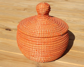 African Orange Handmade Seagrass Basket with Lid