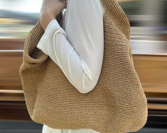 Handmade Paper Straw Beach Tote: Boho Woven Shoulder Bag
