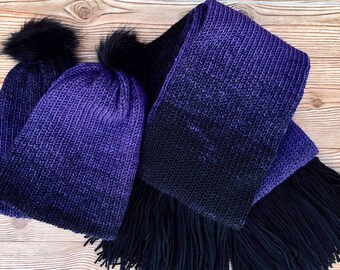 Juego de gorro y bufanda de punto púrpura y negro