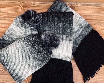 Juego de gorro y bufanda de punto en blanco y negro