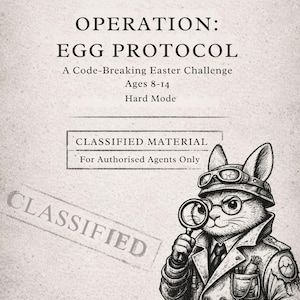 May include: A vintage-style book cover titled "The Easter Escape File" with the text "Operation: Egg Protocol." It features a detective rabbit with a magnifying glass. The book is a code-breaking Easter challenge for ages 8-14.
