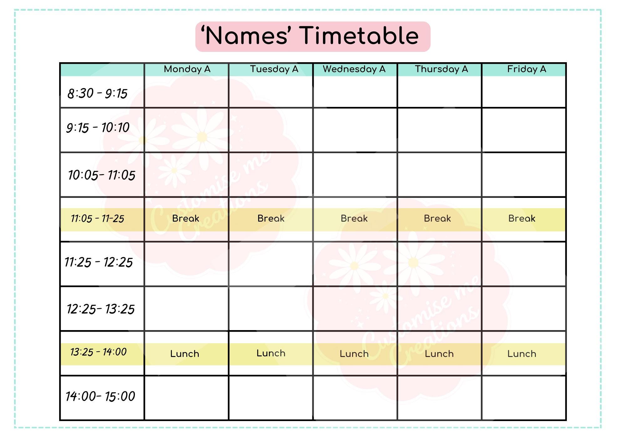 Timetable Secondary Lessons Editable Timetable Template | Secondary School Student Weekly Schedule ...