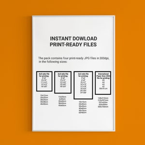 Może przedstawiać: Biały plakat z tekstem "Instant Download Print-Ready Files" w kolorze czarnym. Plakat zawiera listę r&oacute;żnych rozmiar&oacute;w wydruk&oacute;w w calach i centymetrach, w tym proporcje 4x5, 3x4 i 2x3, a także międzynarodowe formaty papieru, takie jak A5, A4, A3 i A2.