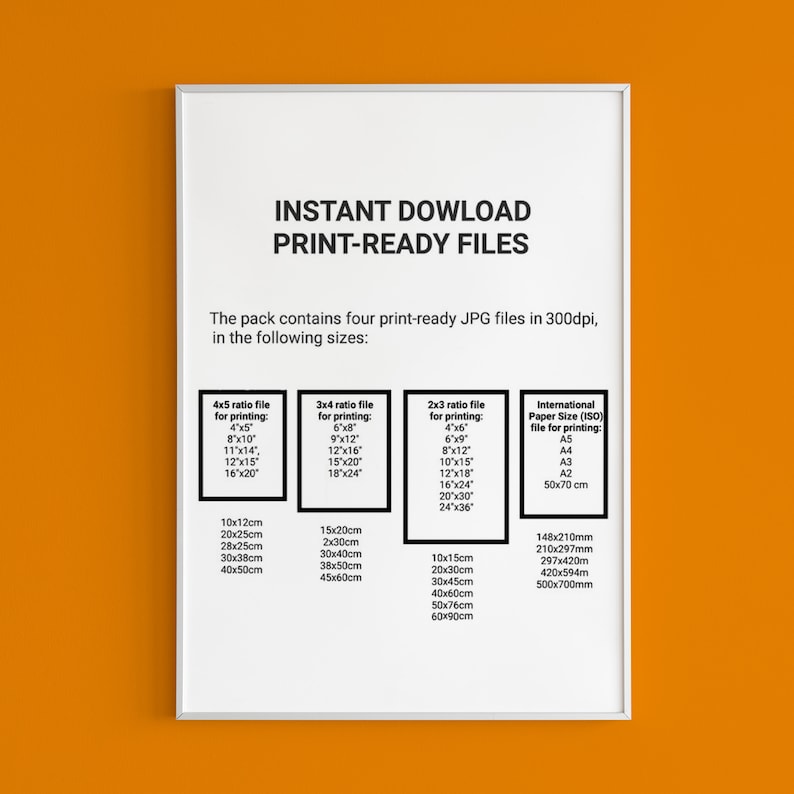 Może przedstawiać: Biały plakat z tekstem "Instant Download Print-Ready Files" w kolorze czarnym. Plakat zawiera listę r&oacute;żnych rozmiar&oacute;w wydruk&oacute;w w calach i centymetrach, w tym proporcje 4x5, 3x4 i 2x3, a także międzynarodowe formaty papieru, takie jak A5, A4, A3 i A2.