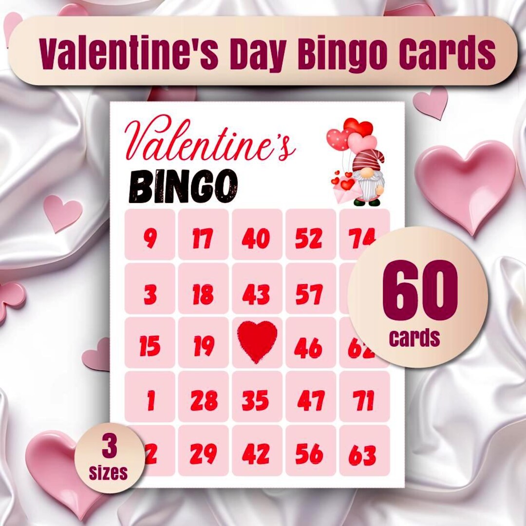60 Bingo Cards Printable | Valentine’s Day Bingo Game | Kids Valentine ...