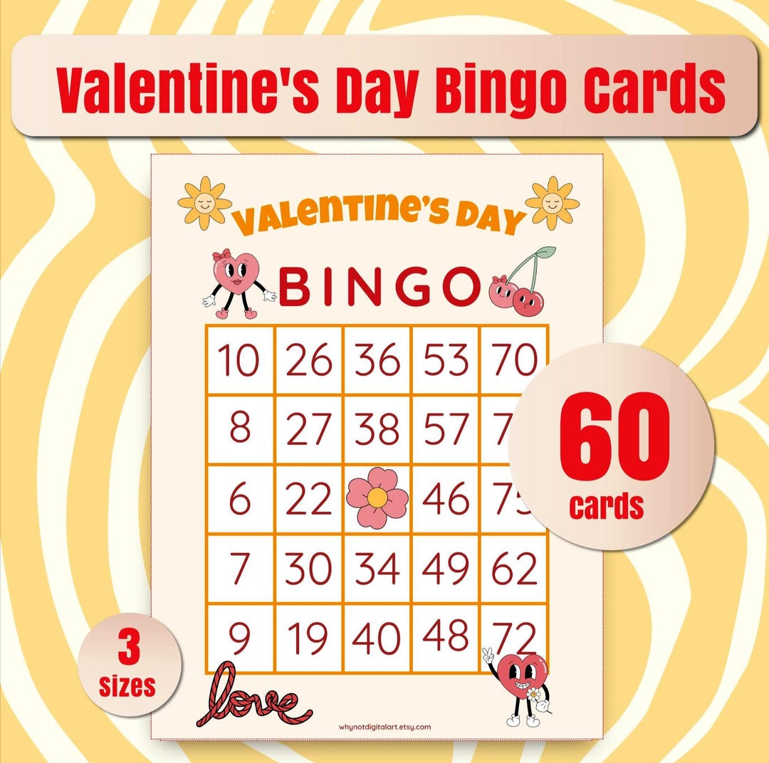 60 Bingo Cards Printable | Valentine’s Retro| Groovy Day Bingo| Kids ...