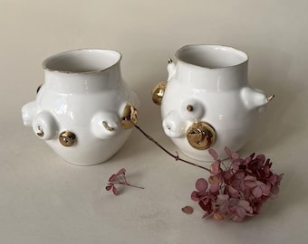 Handmade porcelain vases, handmade ceramics vases, exquisite gift,white and gold vases,, gift for her, unique gift,handmade decorated vases