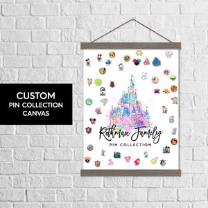 May include: A white canvas with a watercolor illustration of Cinderella's castle. The canvas has a wooden frame and is decorated with a variety of Disney pins. The text "Rothman Family Pin Collection" is written in black cursive lettering below the castle.