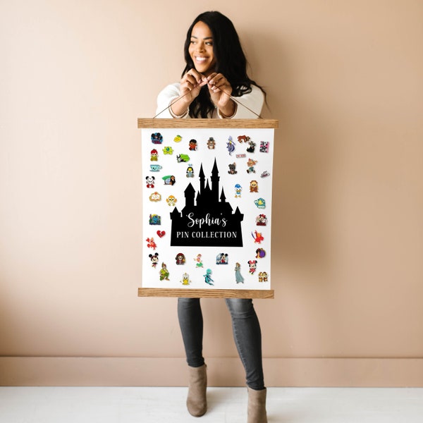 Magical Mouse Inspired Black Castle |  Custom Pin Collection Canvas Banner with attached Hanging Wood Frame