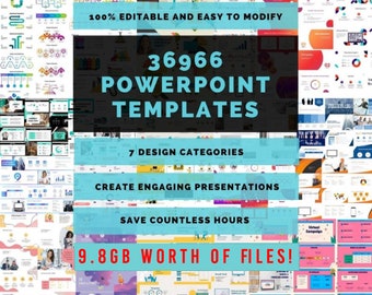 Puede incluir: Un collage de plantillas de presentación de PowerPoint coloridas con el texto "36966 Plantillas de PowerPoint" en un cuadro negro. El texto "100% Editable y fácil de modificar" está en un cuadro blanco con fondo azul. El texto "7 Categorías de diseño" está en un cuadro blanco con fondo azul. El texto "Crear presentaciones atractivas" está en un cuadro blanco con fondo azul. El texto "Ahorra incontables horas" está en un cuadro blanco con fondo azul. El texto "9.8GB de archivos!" está en un cuadro blanco con fondo rojo.