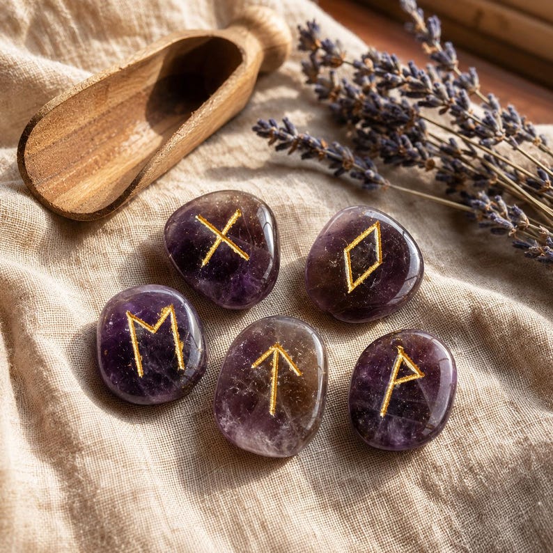 Amethyst Rune Sets Elder Futhark Rune Set Edelsteen Runenset wordt geleverd met zwart fluwelen zakje, houten roosterplaat met kristallen runen edelstenen afbeelding 6