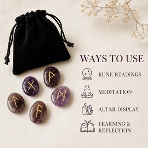Amethyst Rune Sets Elder Futhark Rune Set Edelsteen Runenset wordt geleverd met zwart fluwelen zakje, houten roosterplaat met kristallen runen edelstenen afbeelding 10