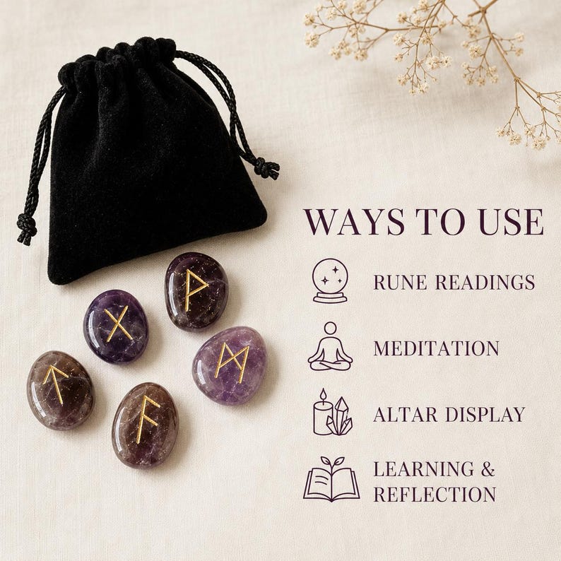 Amethyst Rune Sets Elder Futhark Rune Set Edelsteen Runenset wordt geleverd met zwart fluwelen zakje, houten roosterplaat met kristallen runen edelstenen afbeelding 10
