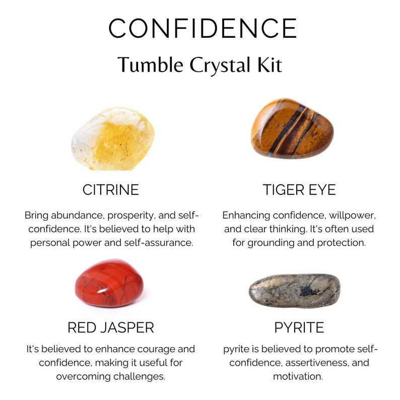 Pode incluir: Um conjunto de quatro cristais rolados para a confian&ccedil;a, incluindo citrino, olho de tigre, jaspe vermelho e pirita. Cada cristal &eacute; etiquetado com o seu nome e uma descri&ccedil;&atilde;o das suas propriedades.