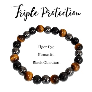 Triple Protection Crystal Bracelet, Tiger Eye - Hematite - Black Obsidian Bracelets, Mixed Stone Bracelet, Health, Luck & Prosperity
