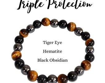 Bracelet Cristal Triple Protection, Oeil de Tigre - Hématite - Bracelets Obsidienne Noire, Bracelet Pierres Mixtes, Santé, Chance & Prospérité