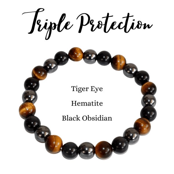 Triple Protection Crystal Bracelet, Tiger Eye - Hematite - Black Obsidian Bracelets, Mixed Stone Bracelet, Health, Luck & Prosperity