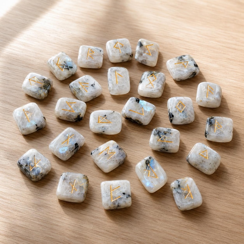Rainbow Moonstone Rune Sets Elder Futhark Rune Set comes with black Velvet Pouch to Carry and Rune Card,Moonstones Runes,Rune Stone,Rune Set image 4