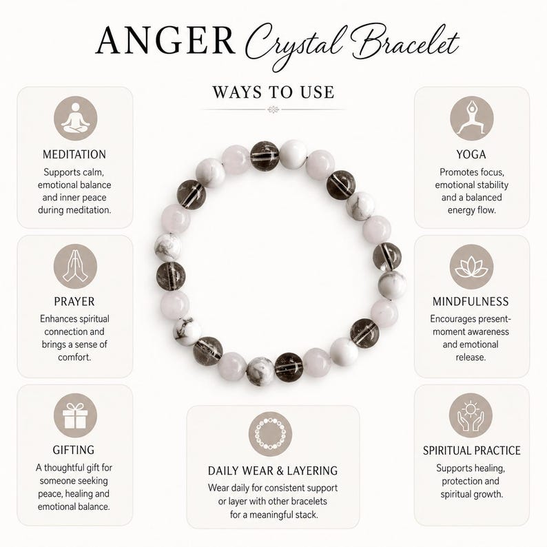 Puede incluir: Una pulsera de cuentas redondas que alterna colores blanco, rosa claro transl&uacute;cido y gris humo oscuro. La imagen incluye el texto ANGER Crystal Bracelet y enumera formas de uso como meditaci&oacute;n, yoga, oraci&oacute;n, atenci&oacute;n plena y uso diario.