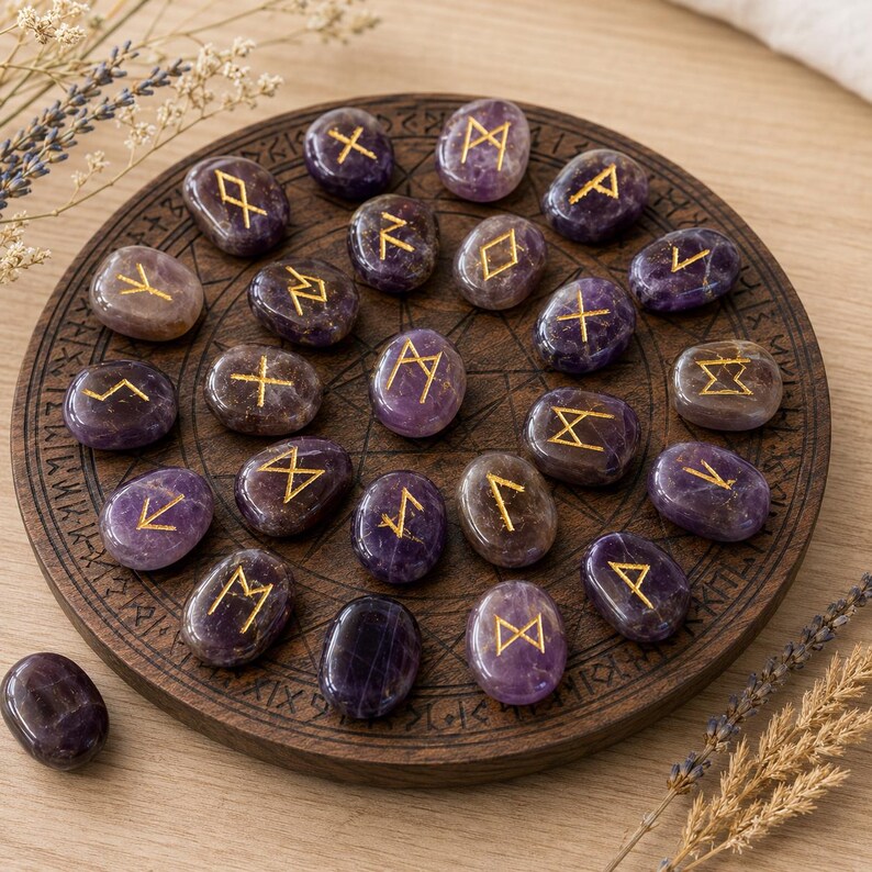 Amethyst Rune Sets Elder Futhark Rune Set Edelsteen Runenset wordt geleverd met zwart fluwelen zakje, houten roosterplaat met kristallen runen edelstenen afbeelding 4
