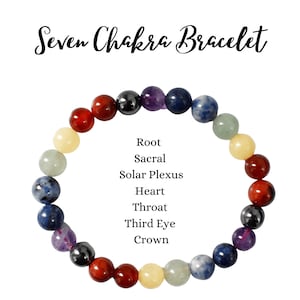 May include: Seven Chakra bracelet featuring beads in the colours of the chakras: red, orange, yellow, green, blue, indigo, and violet. The bracelet is made from natural stones and is designed to promote balance and harmony.