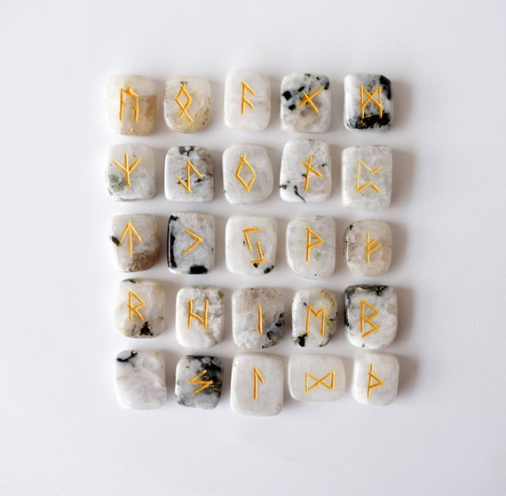 Rainbow Moonstone Rune Sets Elder Futhark Rune Set comes with black Velvet Pouch to Carry and Rune Card,Moonstones Runes,Rune Stone,Rune Set