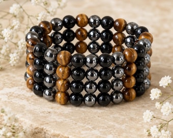 Triple Protection Crystal Bracelet, Tiger Eye - Hematite - Black Obsidian Bracelets, Mixed Stone Bracelet, Health, Luck & Prosperity