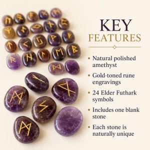 Amethyst Rune Sets Elder Futhark Rune Set Edelsteen Runenset wordt geleverd met zwart fluwelen zakje, houten roosterplaat met kristallen runen edelstenen afbeelding 7