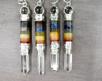 Crystal 7 Chakra Bonded Pendulums-Genuine Wands with Quartz Point & Ball, Multi Color Stones, for Divination,Gemstone for Spiritual Healing