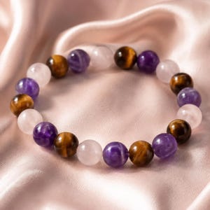 May include: A beaded bracelet featuring a repeating pattern of polished spherical beads in alternating colors of translucent light pink, deep purple, and golden brown with a chatoyant luster, arranged in a circular shape on a smooth surface.