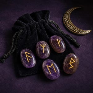 Amethyst Rune Sets Elder Futhark Rune Set Edelsteen Runenset wordt geleverd met zwart fluwelen zakje, houten roosterplaat met kristallen runen edelstenen afbeelding 8