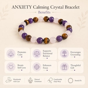 May include: A beaded bracelet featuring alternating round tiger eye, amethyst, and rose quartz gemstones. The text ANXIETY Calming Crystal Bracelet Benefits is displayed above, with icons and text describing features like Promotes Calm and Grounding.