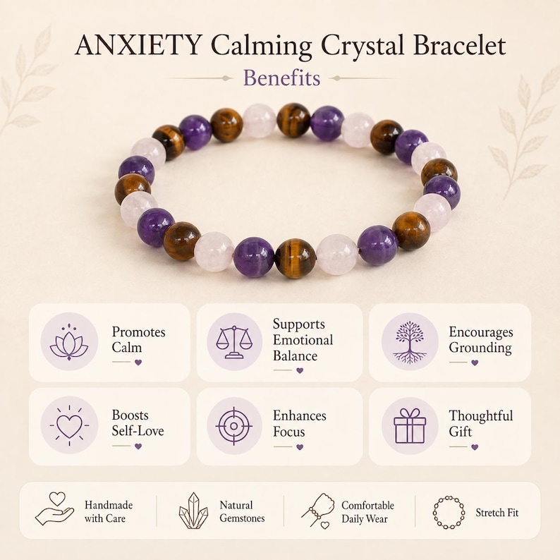 May include: A beaded bracelet featuring alternating round tiger eye, amethyst, and rose quartz gemstones. The text ANXIETY Calming Crystal Bracelet Benefits is displayed above, with icons and text describing features like Promotes Calm and Grounding.