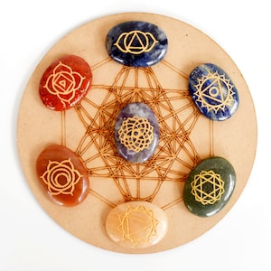 Könnte beinhalten: Ein Chakra-Set aus Holz mit sieben Steinen, jeder in einer anderen Farbe und mit einem goldenen Symbol. Die Steine sind in einem Kreis auf einer Holzbasis mit einem geometrischen Muster angeordnet.