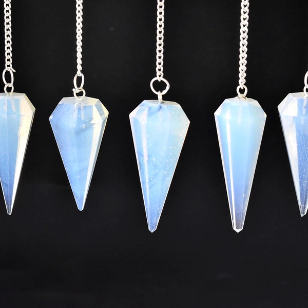 Opal Faceted Cone Pendulum with Chain, Healing Dowsing Crystal Pendulum, Spiritual Energy Jewelry Gift, Hexogen Reiki Stone, Divination Tool